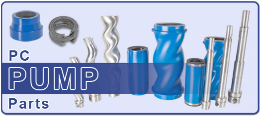 Group of Progressive Cavity Pump Parts including a flange, packing, rotors, stators and drive shafts